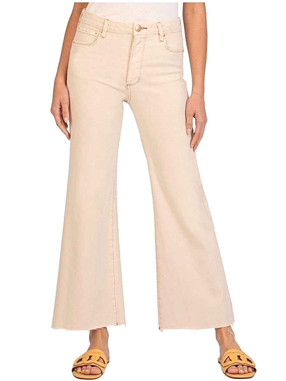 KUT From The Kloth Meg Fab AB Wide Leg Crop Jeans 14 Beige Raw Hem NWT